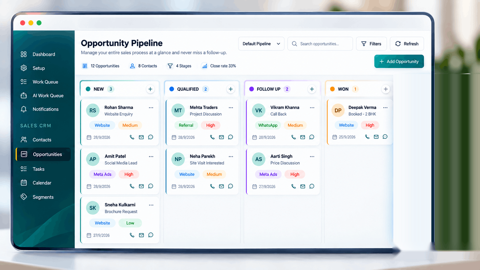 VistaarFlow CRM opportunity pipeline board with leads organised into New, Qualified, Follow Up and Won stages, plus search, filters and close rate