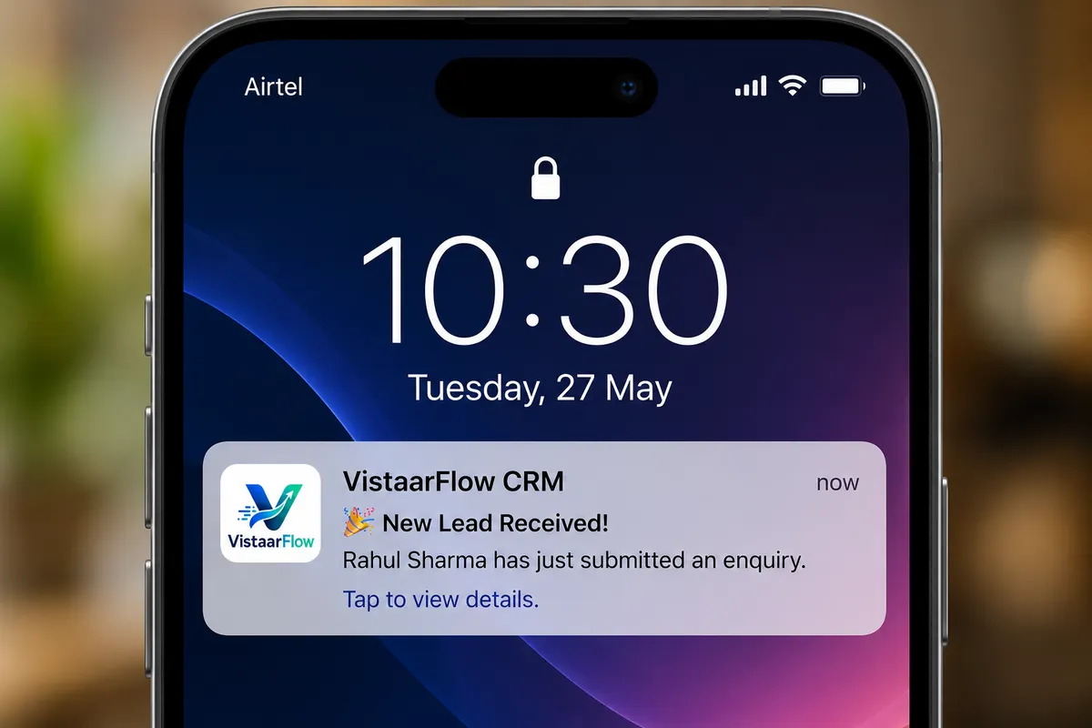 VistaarFlow CRM mobile notification showing a newly received enquiry from Rahul Sharma